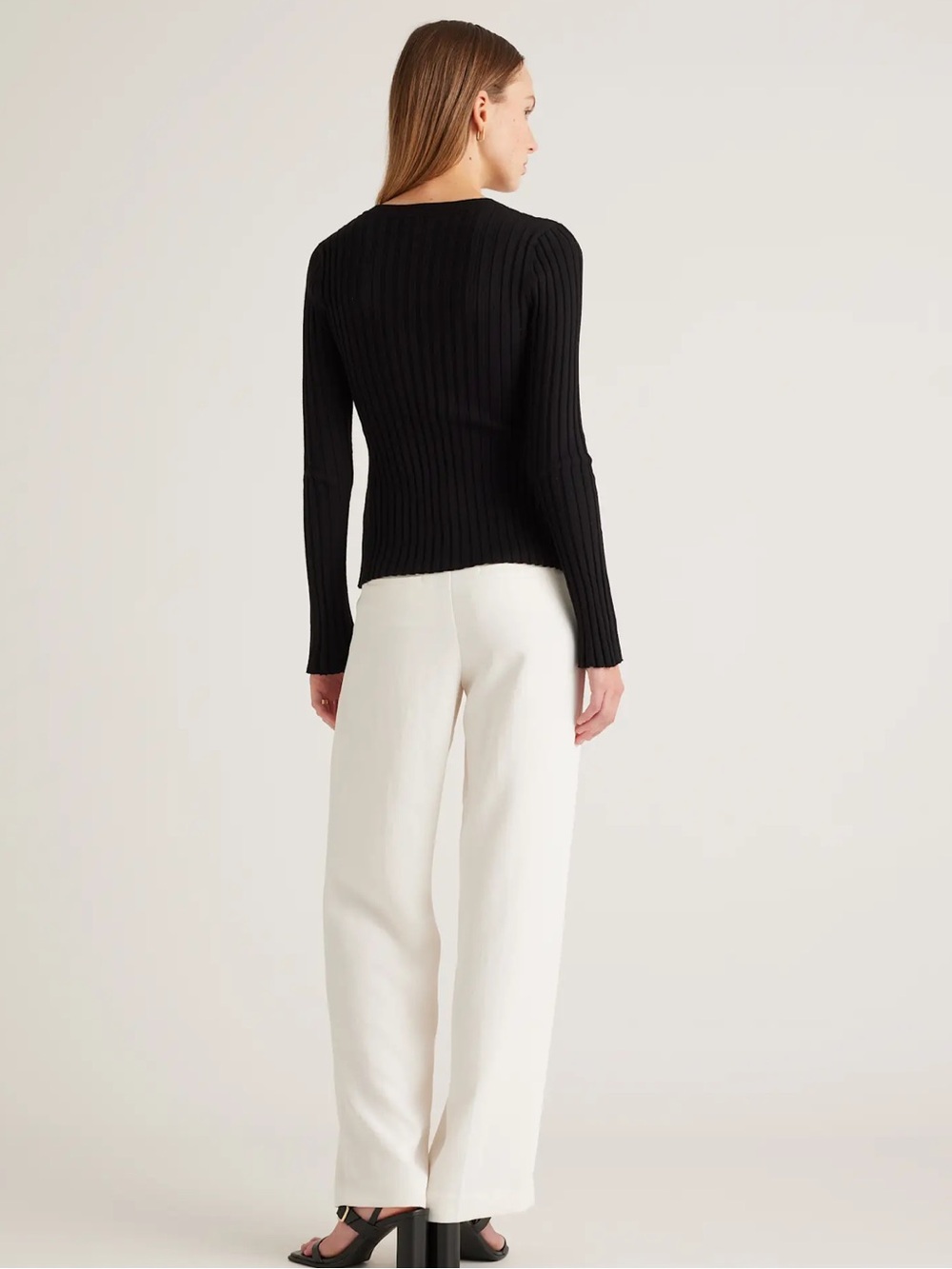 Quince Cotton Cashmere Ribbed Long Sleeve Sweater Black Large - Picture 5 of 9